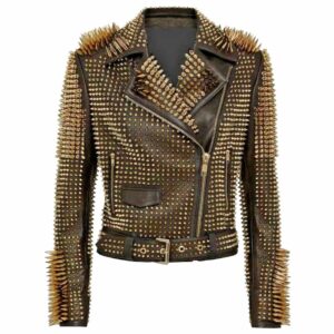 Women Golden Studded Spikes Leather Jacket