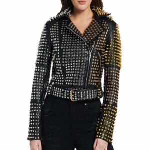 Women Punk Rock Black Leather Golden Silver Studded Leather Jacket