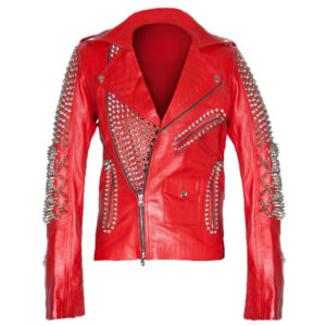 Women Brando Red Leather Studded Biker Jacket