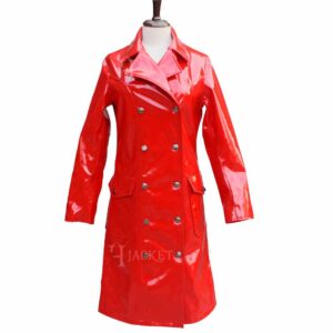Women Hot Red Vinyl PVC Double Breast Military Coat