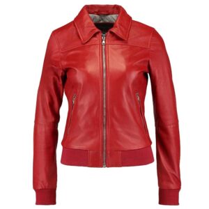 Women Red Bomber Motorcycle Lambskin Slim Fit Jacket