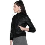 Women's Black Solid Bomber Leather Jacket - Image 2