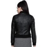 Women's Black Solid Bomber Leather Jacket - Image 3