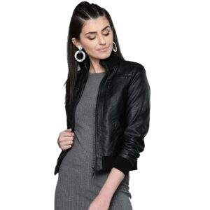 Women's Black Solid Bomber Leather Jacket