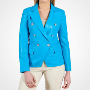 Women?s Blue Double-Breasted Leather Coat