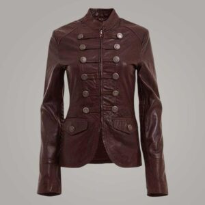 Women's Brown Leather Military Jacket Double Breasted Genuine Leather Coat