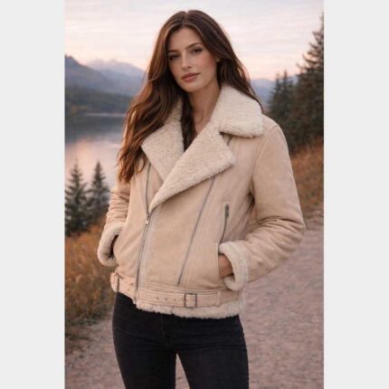 Women's Cream Shearling Biker Jacket Winter Aviator Leather Coat