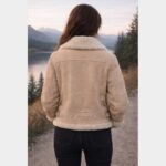 Women's Cream Shearling Biker Jacket Winter Aviator Leather Coat - Image 2
