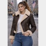 Women's Dark Brown Shearling Biker Leather Jacket