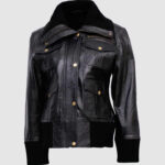 Women's Four-Pocket Black Leather Bomber Jacket