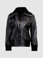 Women's Four-Pocket Black Leather Bomber Jacket - Image 2