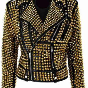 Women's Brando Golden Metal Studded Moto Biker Cowhide Leather Jacket