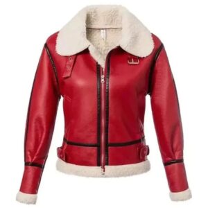 Women's Red Shearling Leather Jacket - Festive Christmas Style