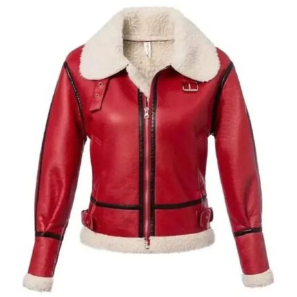 Women's Red Shearling Leather Jacket - Festive Christmas Style