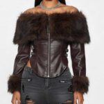 Women's Brown Lambskin Leather Off Shoulder Corset Jacket