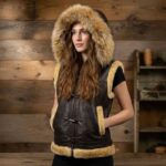 Women's Chocolate Brown Leather Shearling Vest with Hooded Faux Fur