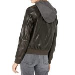 Women's Black Leather Bomber Jacket with Hood - Image 2