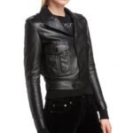Women's Black Leather Motorcycle Jacket With Button Front - Image 2