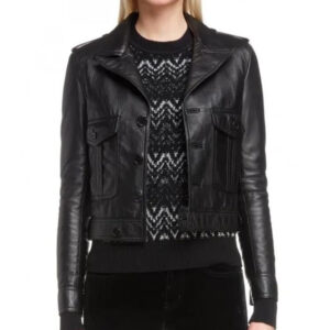 Women's Black Leather Motorcycle Jacket With Button Front