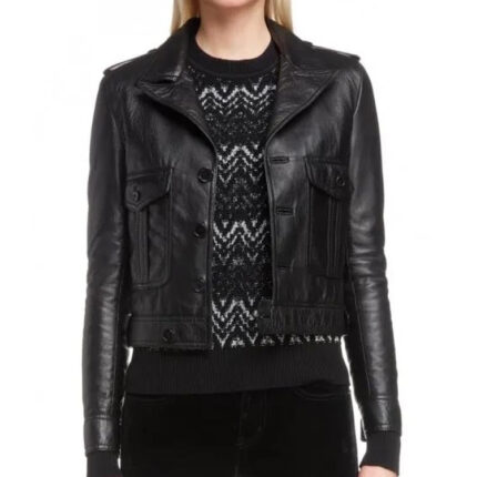 Women's Black Leather Motorcycle Jacket With Button Front