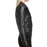 Women's Black Leather Motorcycle Jacket With Button Front - Image 3