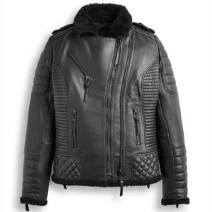 Women?s Black Leather Shearling Biker Jacket