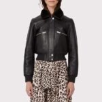 Elegant Women's Black Leather Shearling Collar Jacket