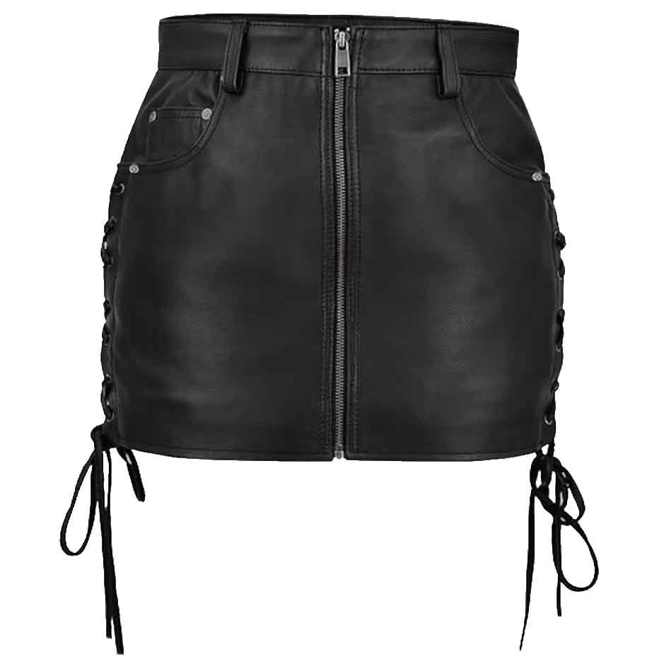 Womens-Black-Leather-Skirt-Side-lace-Up-Leather-Skirt-2 Women's Black Leather Skirt Side lace Up Leather Skirt - Image 1