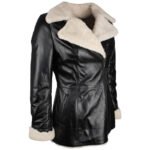 Women's Black Shearling Lambskin Leather Trench Overcoat - Image 3