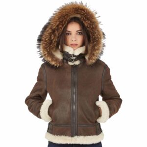Women's Brown B3 Shearling Bomber Jacket With Raccoon Fur Hood