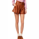 Women's Camel Belted Genuine Leather Shorts