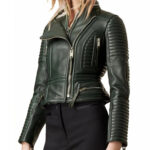 Women's Green Leather Biker Jacket with Peplum Waist - Image 2