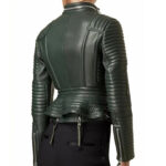 Women's Green Leather Biker Jacket with Peplum Waist - Image 3