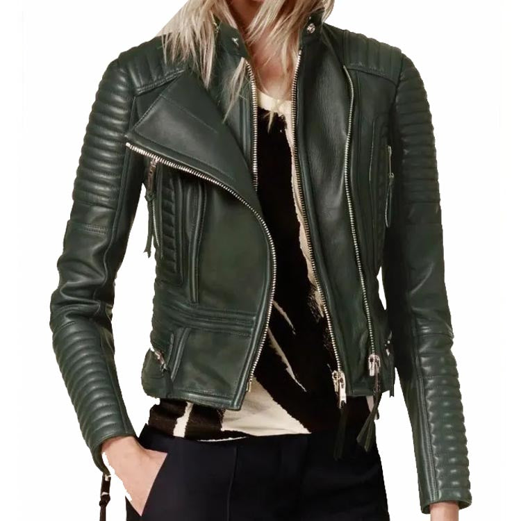 Womens-Green-Leather-Biker-Jacket-with-Peplum-Waist Women's Green Leather Biker Jacket with Peplum Waist - Image 1