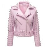Women's Pink Leather Jacket with Studs