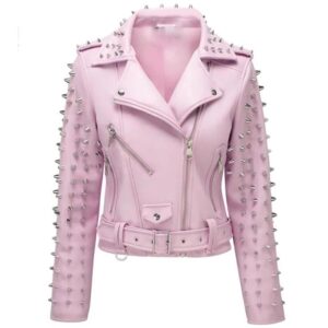 Women's Pink Leather Jacket with Studs