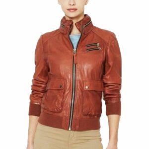 Women's Tan Brown Leather Bomber Jacket with Hood