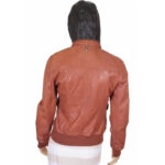 Women's Tan Brown Leather Bomber Jacket with Hood - Image 2