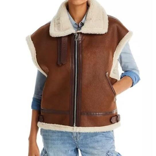 Womens-WWII-B3-Aviator-Sheepskin-Leather-Vest Women's WWII B3 Aviator Sheepskin Leather Vest - Image 1