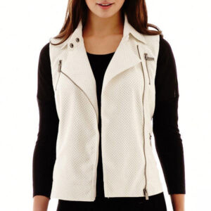 Women's White Leather Moto Vest