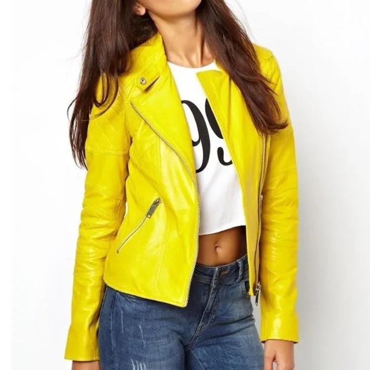 Womens-Yellow-Biker-Leather-Jacket Women's Yellow Biker Leather Jacket - Image 1