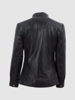 Women's Black Band Collar Biker Leather Jacket - Image 2
