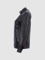 Women's Black Band Collar Biker Leather Jacket - Image 3