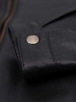 Women's Black Band Collar Biker Leather Jacket - Image 4
