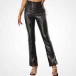Women’s Black Lace Up Lambskin Leather Biker Pants