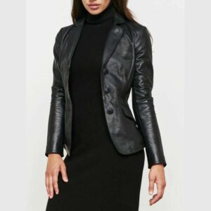 Womens Black Lambskin Leather Blazer Jacket