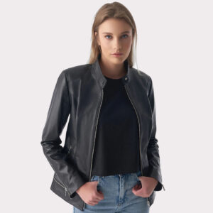 Women's Black Leather Jacket with Zipper Hem Detail