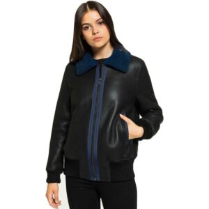 Women's Black Shearling College Jacket - Stylish Fur Lined Coat