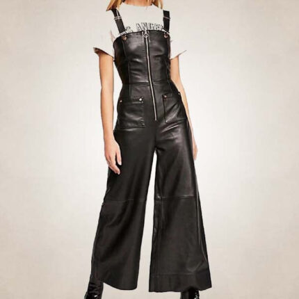 Women’s Black Wide-Leg Lambskin Leather Jumpsuit