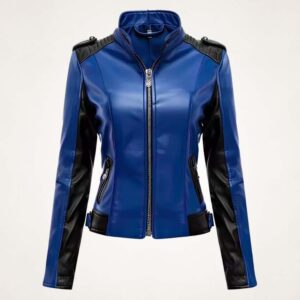 Women's Blue & Black Real Leather Slim Fit Biker Jacket